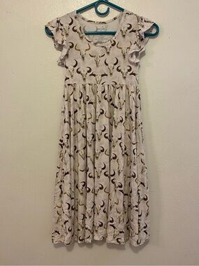 Posh Peanut Cream Dress with Brown Bull Western Print and Flutter Sleeves